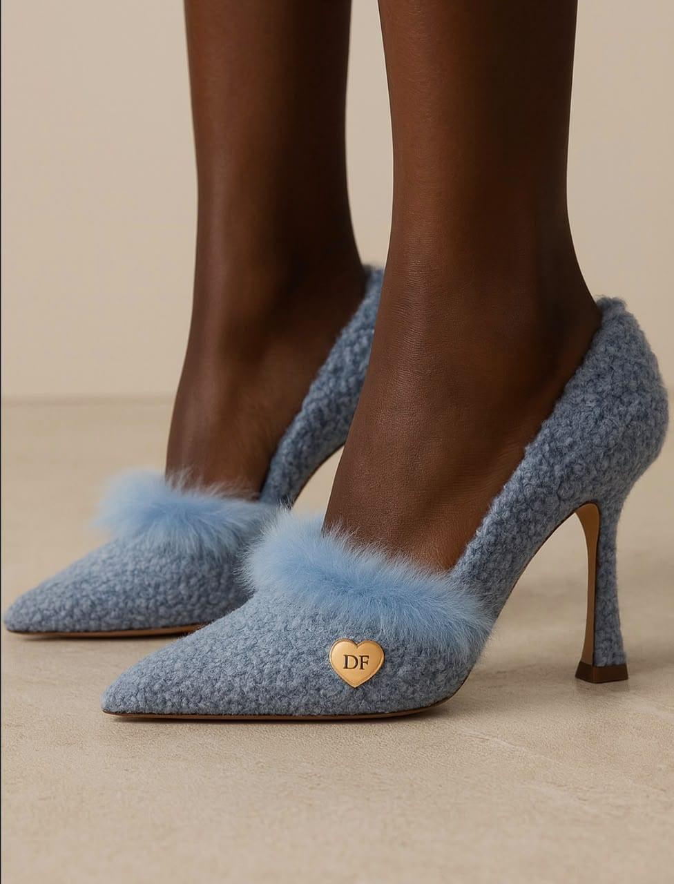 Powder blue faux fur trimmed heels, close detail