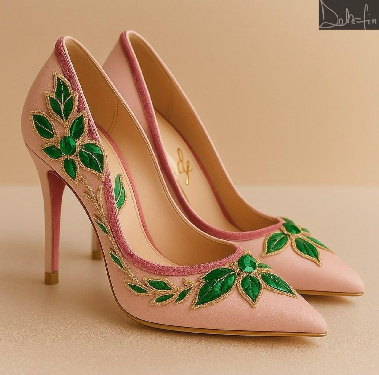 Blush pink heels with hand-appliqued green leaf embroidery
