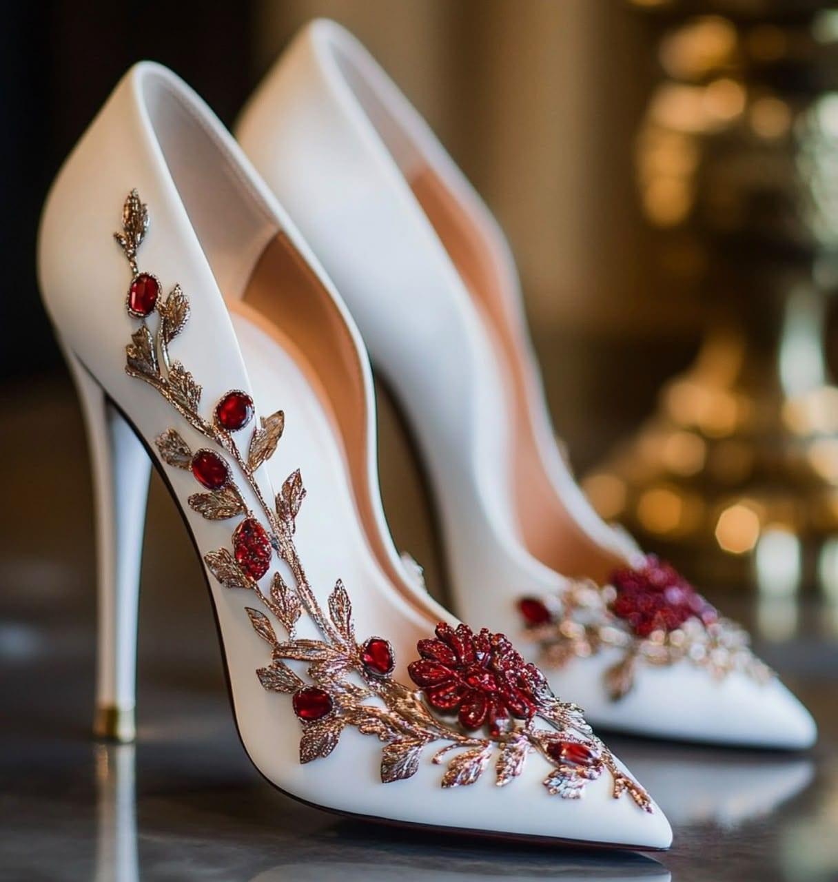 Ivory heels embellished with a beaded garnet floral vine