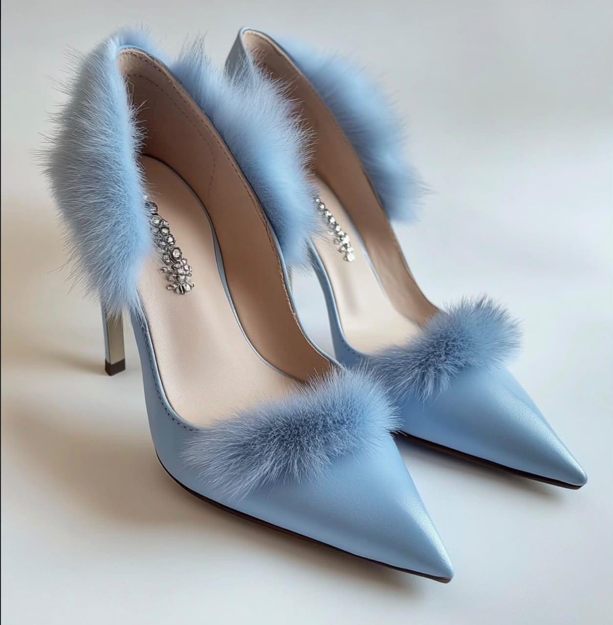 Powder blue faux fur trimmed heels, pair