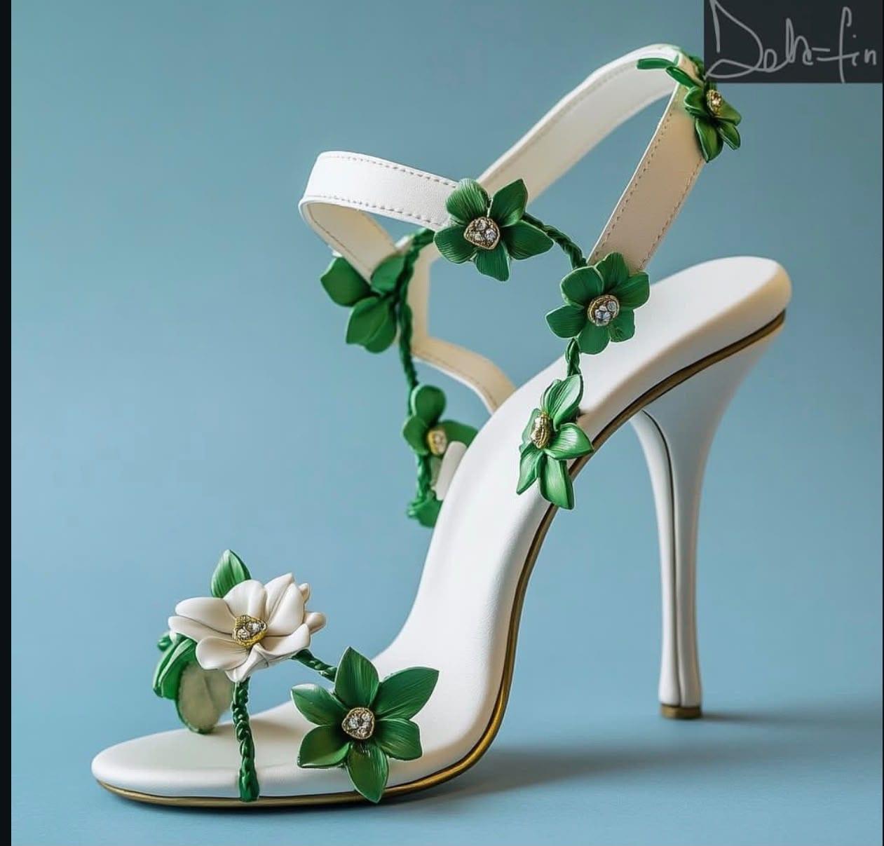 Ivory strap sandal heel with hand-sculpted green floral vine