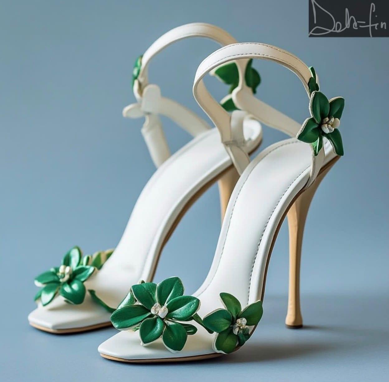 Ivory floral sandal heels, side angle