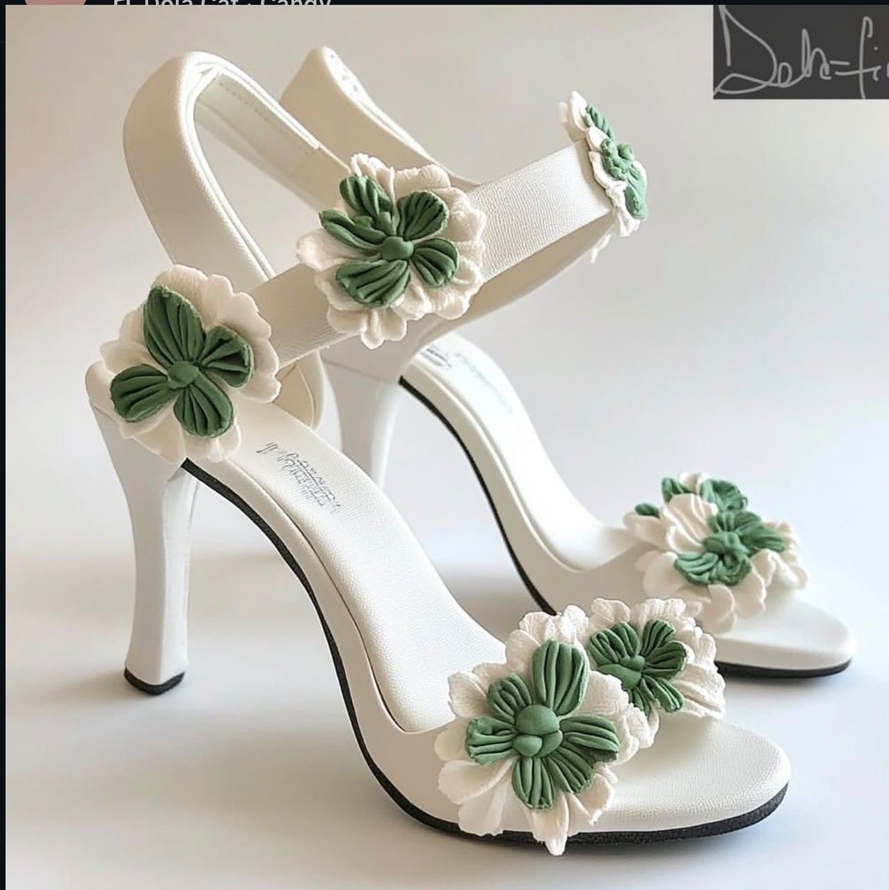 Pair of ivory floral sandal heels on a blue backdrop