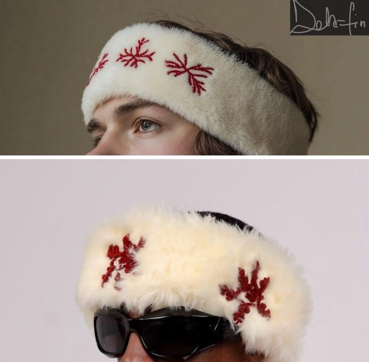Faux fur headbands with hand-embroidered floral detailing