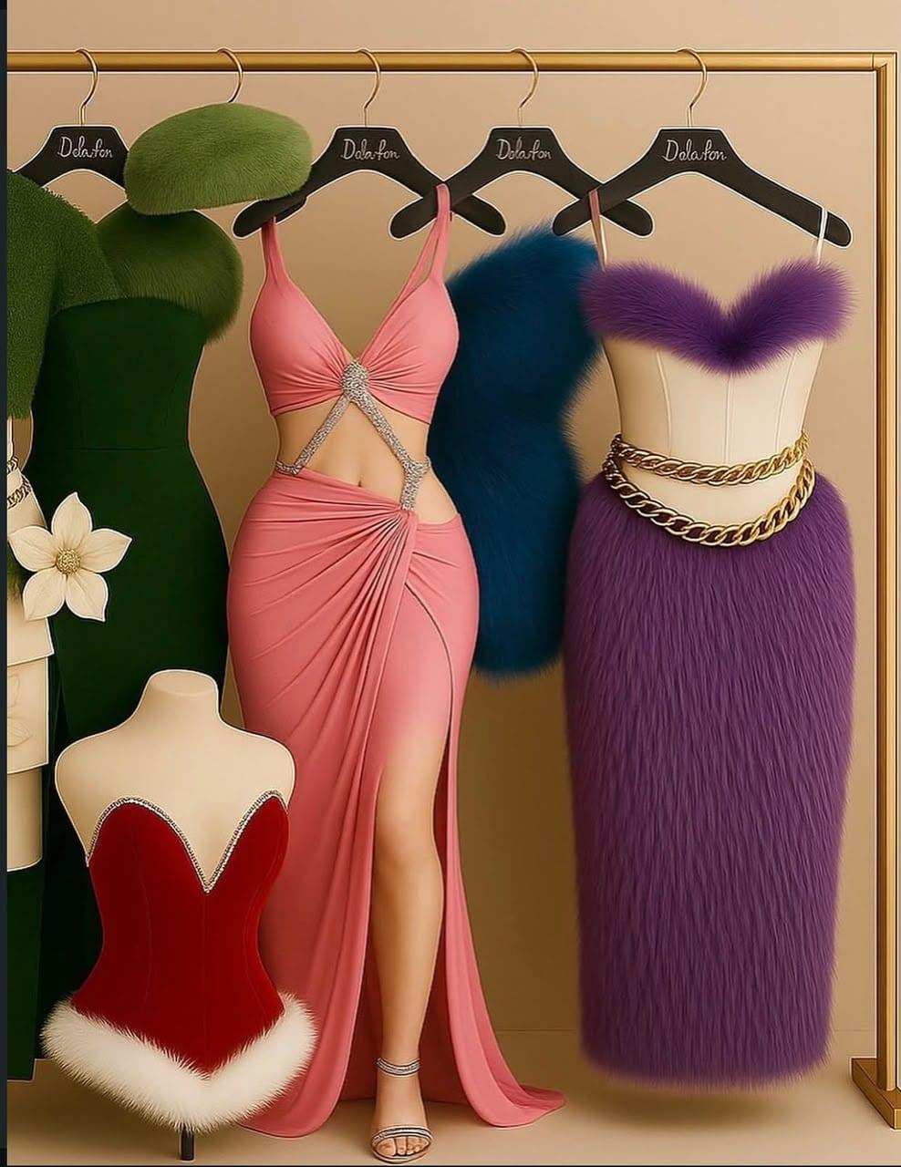 Lineup of five eveningwear looks in emerald, blush, garnet and violet