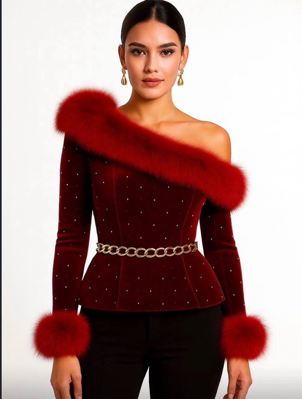 Garnet velvet peplum top with fur-trimmed off-shoulder sleeves, front