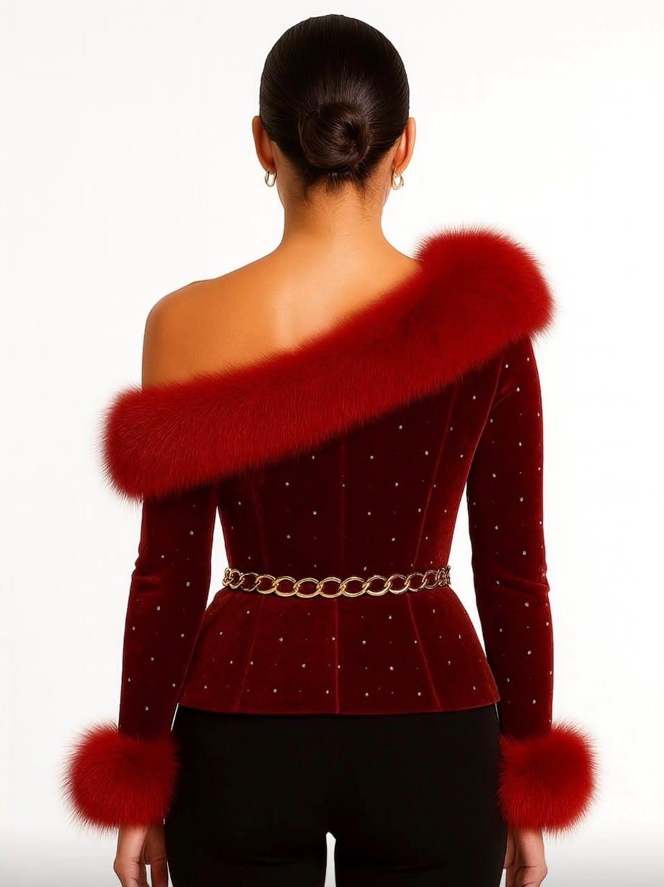 Garnet velvet peplum top with fur-trimmed sleeves, back view