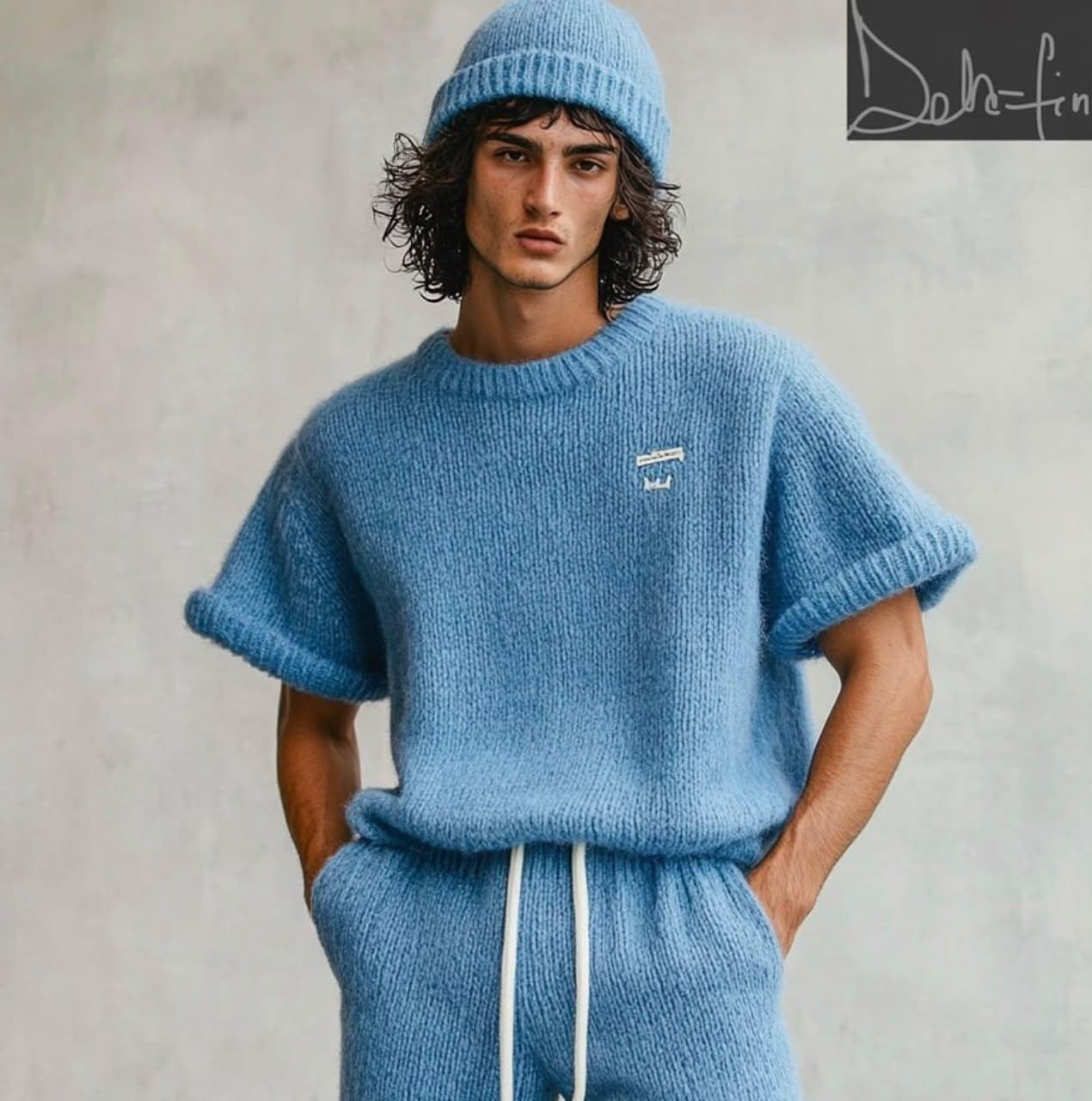 Cornflower blue knit sweatsuit with matching beanie