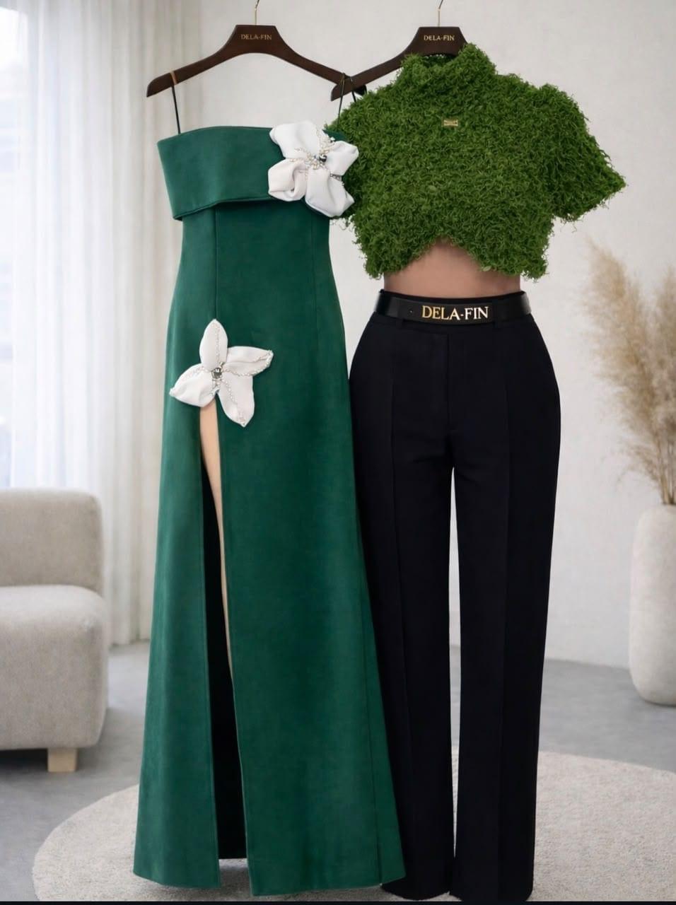 Moss-green cropped top and wide-leg trouser co-ord, styled two ways