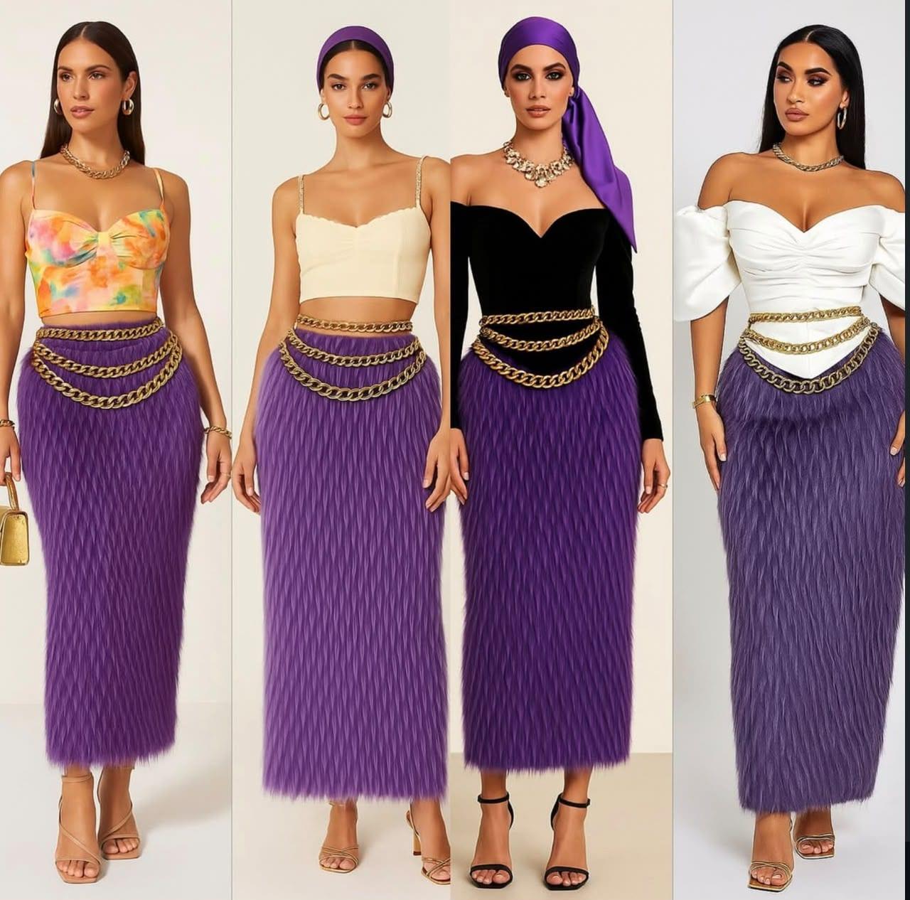 Four looks in colour-blocked crop tops and purple pleated maxi skirts
