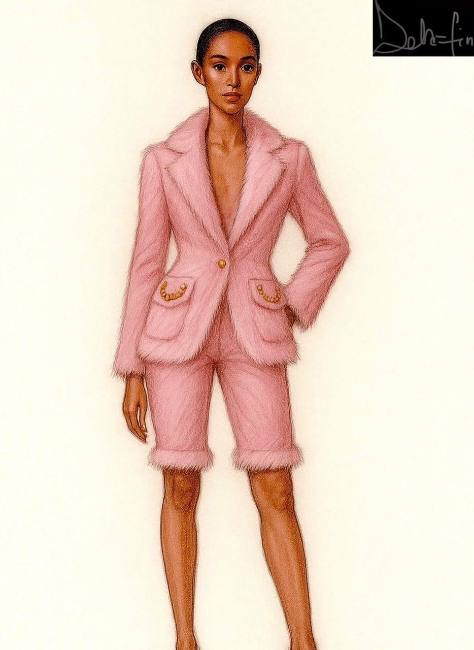 Design illustration of a blush tailored short suit with the Dela-Fin mark