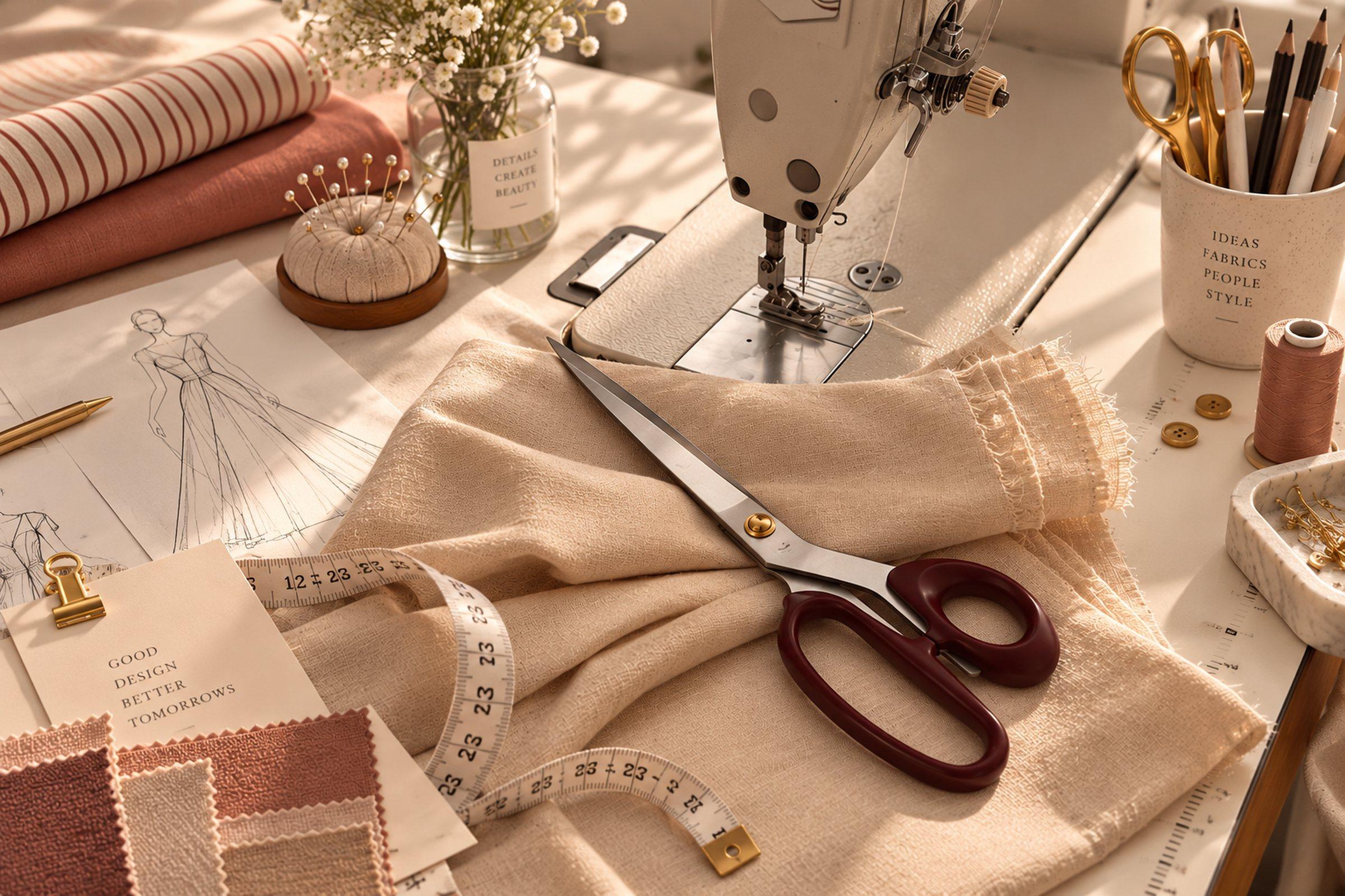 Sewing desk flatlay with linen fabric, gold shears, pins and a hand-drawn gown sketch