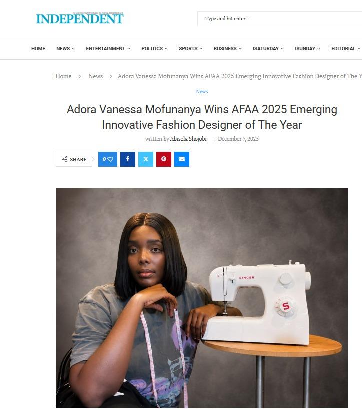 Independent Online News article: “Adora Vanessa Mofunanya Wins AFAA 2025 Emerging Innovative Fashion Designer of The Year”