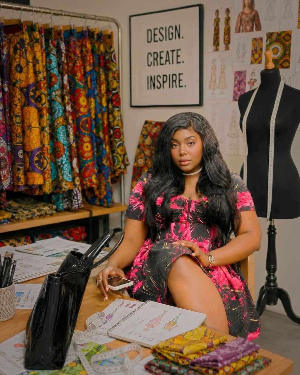 Adora Vanessa Mofunanya seated in her studio, surrounded by African wax print fabrics