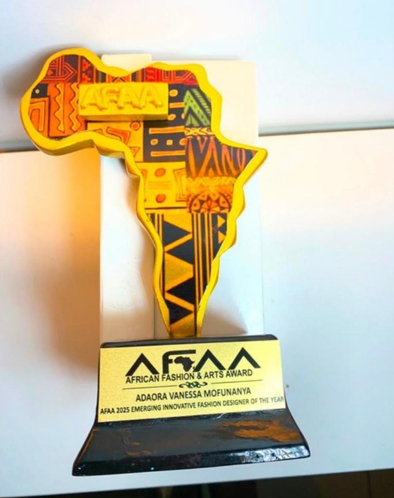 The AFAA 2025 award trophy, engraved with Adora Vanessa Mofunanya's name