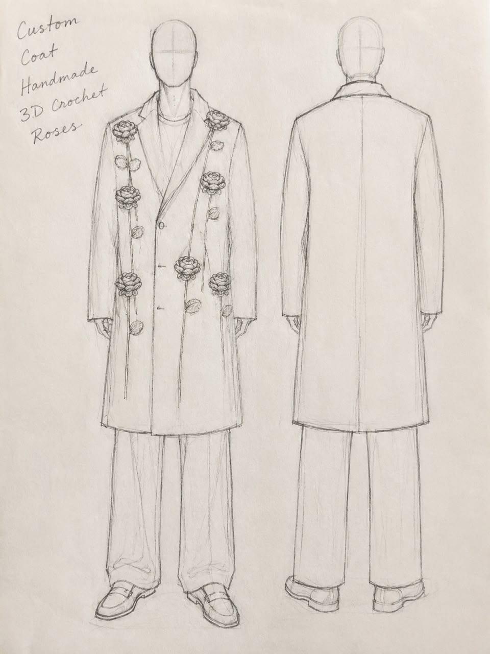Design sketch: custom coat with handmade 3D crochet roses, front and back